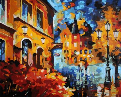 The Delightful Perfection: "Urban Symphony" in Whimsical Gold, Blue & Red, Brushwork in 16x20(in) Acrylic on Canvas painting, Scenic & Impressionism / Everyday Life Art, pa152l