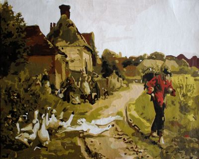 The Majestic Accomplishment: "Duckling Lane: A Rural Retreat" in Tranquil Green, Beige & Brown, Brushwork in 16x20(in) Acrylic on Canvas painting, Scenic & Impressionism / Everyday Life Art, pa159l