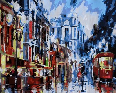 The Sublime Achievement: "Lanterns and Trams" in Exquisite White, Blue & Red, Brushwork in 16x20(in) Acrylic on Canvas painting, Scenic & Impressionism / Everyday Life Art, pa166l