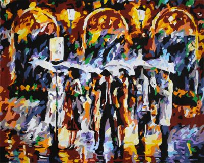 The Uplifting Composition: "Rainbow Umbrellas" in Inviting Gold, Red & White, Brushwork in 16x20(in) Acrylic on Canvas painting, Scenic & Impressionism / Everyday Life Art, pa173l