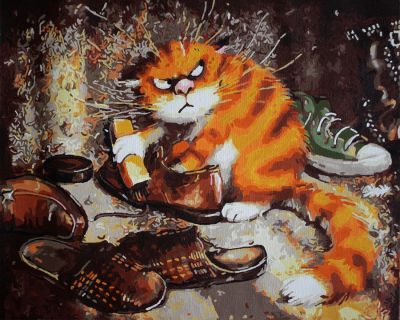 The Impressive Workmanship: "Furry Fury: The Shoe Shining Cat" in Gorgeous Brown, Black & Gold, Brushwork in 16x20(in) Acrylic on Canvas painting, Natural World & Impressionism / Everyday Life Art, pal38