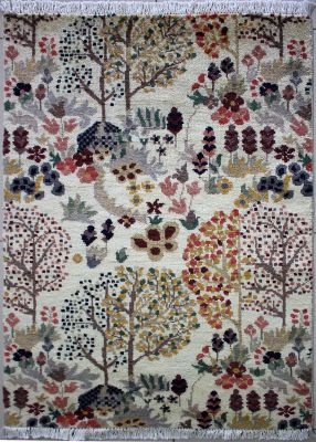 2'8"x4'1" Melodic Floral Chobi Ziegler Rug in Tantalizing Organic Dyed White, Beige & Green, New 2.5x4 Wool Double Knot Execution, Hand-Knotted Contemporary Rug, qk08971