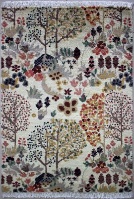 2'7"x4'1" Heavenly Floral Chobi Ziegler Rug in Glimmering Organic Dyed White, Beige & Green, New 2.5x4 Wool Double Knot Manifestation, Hand-Knotted Contemporary Rug, qk08970