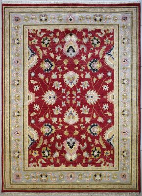 6'x9'1" Surreal Floral Chobi Ziegler Rug in Shimmering Organic Dyed Red, Gold & Grey, New 6x9 Wool Double Knot Execution, Hand-Knotted Rug, qk08996