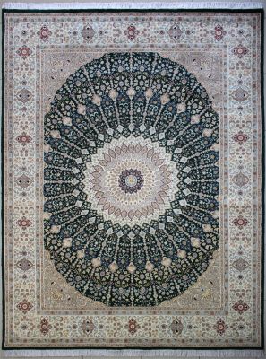 8'10"x12' Graceful Floral Pak Persian Rug in Rhythmic Green, Beige & White, New 9x12 Wool, Silk Double Knot Wonder, Hand-Knotted Taj Mahal Rug, qk08983