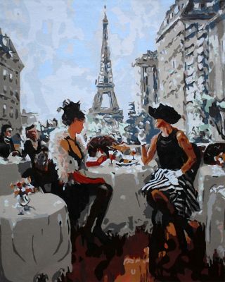 The Marvelous Masterwork: "Eiffel Elegance: A Parisian Afternoon" in Gentle Grey, Black & Turquoise, Brushwork in 16x20(in) Acrylic on Canvas painting, Scenic & Impressionism / Everyday Life Art, pa110p