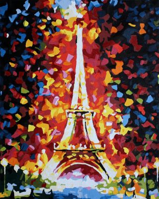 The Mesmerizing Magnum Opus: "Eiffel's Fiery Fusion" in Passionate Black, Red & White, Brushwork in 16x20(in) Acrylic on Canvas painting, Scenic Art, pa102p