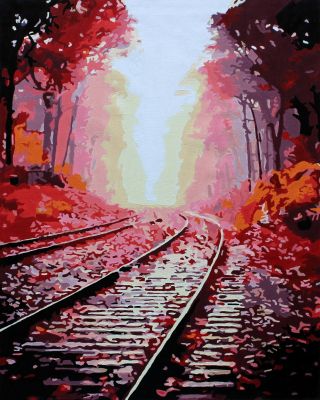 The Legendary Accomplishment: "Railway Through the Enchanted Forest" in Picturesque White, Pink & Red, Brushwork in 16x20(in) Acrylic on Canvas painting, Scenic Art, pa127p