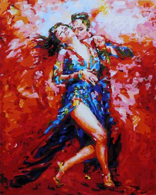 The Supreme Excellence: "Rhythm of Desire: Tango Embrace" in Serene Red, Blue & White, Brushwork in 16x20(in) Acrylic on Canvas painting, Impressionism / Everyday Life Art, pa137p