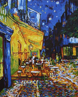 The Twinkling Treasure: "Night at Vincent's Cafe" in Celestial Blue, Brown & Gold, Brushwork in 16x20(in) Acrylic on Canvas painting, Scenic & Impressionism / Everyday Life Art, pa147p