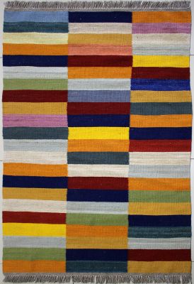 3'1"x5' Lovely Checkered Gabbeh Rug in Captivating Organic Dyed Multi-colors, New 3x5 Wool Kilim Elegance, Flatweave Contemporary Rug, qw19