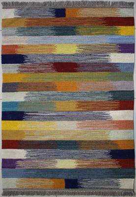 3'1"x5'2" Sumptuous Striped Gabbeh Rug in Elegant Organic Dyed Multi-colors, New 3x5 Wool Kilim Handiwork, Flatweave Contemporary Rug, qw18
