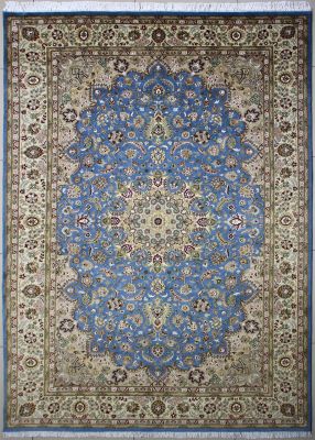 6'x9'2" Brilliant Floral Pak Persian Rug in Dynamic Turquoise, Beige & White, New 6x9 Wool, Silk Double Knot Composition, Hand-Knotted Kashan / Isfahan Rug, qk09006