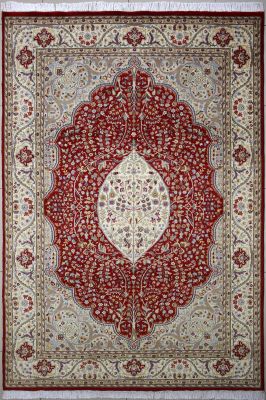 6'x9'2" Royal Floral Pak Persian Rug in Glowing Red, Beige & White, New 6x9 Wool, Silk Double Knot Masterwork, Hand-Knotted Kashan / Isfahan Rug, qk09004