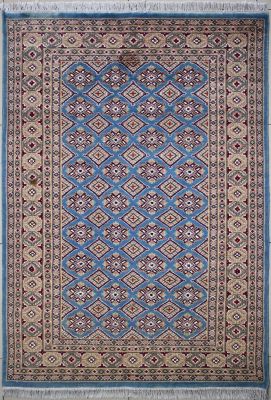 4'2x6'4 Bokhara Jaldar Area Rug with Silk & Wool Pile - Geometric Diamond Design | Hand-Knotted in Greenish Blue