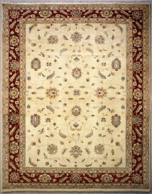 9'x11'9" Refreshing Floral Chobi Ziegler Rug in Idyllic Organic Dyed White, Beige & Red, New 9x12 Wool Double Knot Manifestation, Hand-Knotted Rug, qk09026