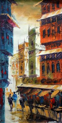 The Divine Conception: "Shahi Mohallah: A Glimpse into Lahore's Rich History" in Scintillating White, Blue & Orange, Palette Knife in 12x24(in) Oil on Canvas painting, Scenic & Impressionism / Everyday Life Art, po280p