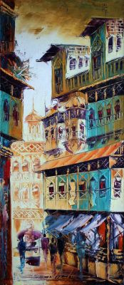 The Dreamlike Creation: "Shahi Mohallah: Lahore's Rich Architectural Beauty" in Alluring White, Gold & Turquoise, Palette Knife in 15x36(in) Oil on Canvas painting, Scenic & Impressionism / Everyday Life Art, po272p