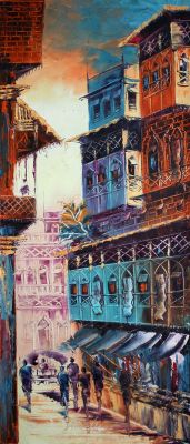 The Divine Gem: "The Shahi Mohallah: Lahore's Legacy" in Glimmering White, Purple & Turquoise, Palette Knife in 15x36(in) Oil on Canvas painting, Scenic & Impressionism / Everyday Life Art, po232p