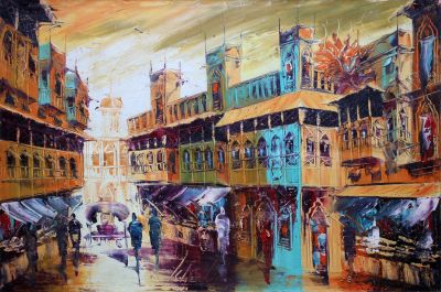 The Sensational Masterpiece: "Shahi Mohallah: The historical Lahore" in Twinkling White, Gold & Green, Palette Knife in 20x30(in) Oil on Canvas painting, Scenic & Impressionism / Everyday Life Art, po212l