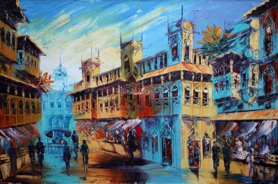 The Entrancing Performance: "Shahi Mohallah: Lahore's Majesty" in Dreamy White, Gold & Turquoise, Palette Knife in 20x30(in) Oil on Canvas painting, Scenic & Impressionism / Everyday Life Art, po211l