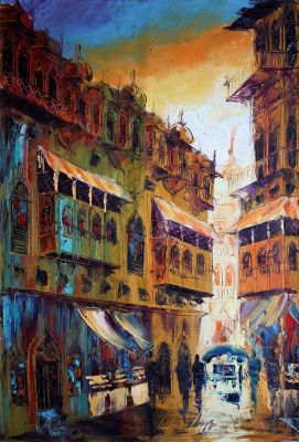 The Entrancing Magnificence: "Shahi Mohallah: The Story of Lahore " in Tantalizing White, Gold & Green, Palette Knife in 20x30(in) Oil on Canvas painting, Scenic & Impressionism / Everyday Life Art, po256p