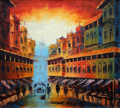 The Sublime Workmanship: "Shahi Mohallah: The Old Lahore " in Glamorous White, Gold & Orange, Palette Knife in 27x29(in) Oil on Canvas painting, Scenic & Impressionism / Everyday Life Art, po202l