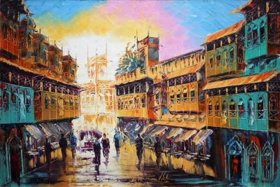 The Exquisite Magnum Opus: "The Shahi Mohallah: The Tale of Lahore" in Serene White, Gold & Green, Palette Knife in 24x36(in) Oil on Canvas painting, Scenic & Impressionism / Everyday Life Art, po224l