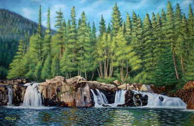 The Gorgeous Magnum Opus: "Celestial Waterfall: A Forest's Story" in Irresistible Turquoise, Beige & Green, Brushwork in 21x33(in) Oil on Canvas painting, Scenic & Impressionism / Everyday Life Art, po287l