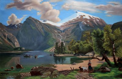 The Extraordinary Perfection: "Mountain Meadow Serenade" in Enigmatic White, Green & Turquoise, Brushwork in 21x33(in) Oil on Canvas painting, Scenic & Figurative Art, po289l