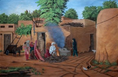 The Supreme Handwork: "Village Vignette: A Glimpse into Desi Life" in Glamorous Turquoise, Beige & Green, Brushwork in 21x33(in) Oil on Canvas painting, Figurative & Impressionism / Everyday Life Art, po292l