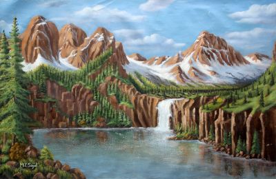 The Lively Performance: "Mountain Majesty" in Harmonious White, Beige & Green, Brushwork in 21x33(in) Oil on Canvas painting, Scenic Art, po291l