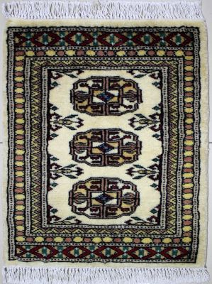1'6"x2'1" Reinvigorating Elephant Foot Bokhara Jaldar Rug in Celestial White, Beige & Black, New 1.5x2 Wool Conception, Hand-Knotted Mori Rug, qk09029
