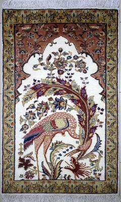 3'1"x5'3" Charming Pictorial Pak Persian Rug in Irresistible White, Beige & Reddish Brown, New 3x5 Wool, Silk Handwork, Hand-Knotted Hunting Scene Rug, qk09033