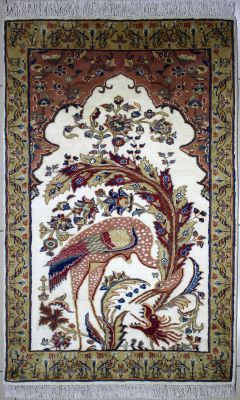 3'1"x5'1" Opulent Pictorial Pak Persian Rug in Shining Ivory, Beige & Reddish Brown, New 3x5 Wool, Silk Jewel, Hand-Knotted Hunting Scene Rug, qk09008