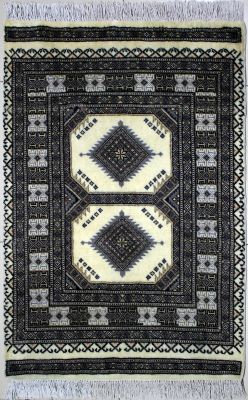 3'x4'5" Transfixing Diamond Bokhara Jaldar Rug in Hypnotic White, Beige & Black, New 3x5 Wool Innovation, Hand-Knotted Rug, qk09032