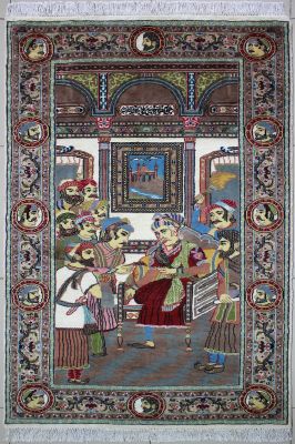 4'x6'4" Captivating Pictorial Caucasian Rug in Spellbinding White, Beige & Grey, New 4x6 Wool, Silk Marvel, Hand-Knotted Rug, qk09021
