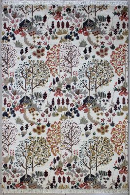 4'x6'1" Hypnotic Floral Chobi Ziegler Rug in Bewitching Organic Dyed White, Beige & Red, New 4x6 Wool Double Knot Conception, Hand-Knotted Contemporary Rug, qk09001