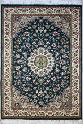 4'x6'3" Fascinating Floral Pak Persian Rug in Celestial Green, Beige & White, New 4x6 Wool Double Knot Marvel, Hand-Knotted Kashan / Isfahan Rug, qk09039