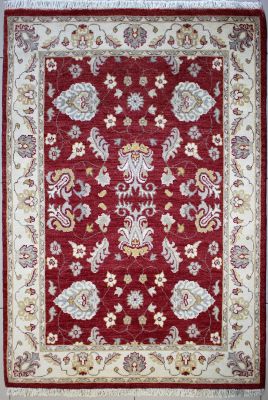 4'1"x6'1" Stunning Floral Chobi Ziegler Rug in Enlightening Organic Dyed Red, Beige & White, New 4x6 Wool Double Knot Manifestation, Hand-Knotted Rug, qk09020