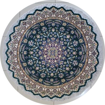 5'1"x5'3" Beaming Floral Pak Persian Rug in Transcendent Green, Grey & White, New 5x5 Wool, Silk Innovation, Round Hand-Knotted Kashan / Isfahan Rug, qk09003