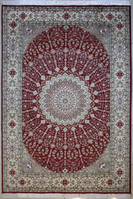 6'x9'3" Charming Floral Pak Persian Rug in Stunning Red, Beige & White, New 6x9 Wool, Silk Double Knot Artistry, Hand-Knotted Taj Mahal Rug, qk09054