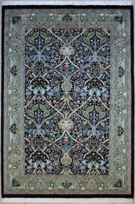 5'11"x9'6" Rejuvenating Floral Pak Persian Rug in Scintillating Black, Beige & Green, New 6x9 Wool, Silk Double Knot Wonder, Hand-Knotted Bakhtiari Rug, qk09017