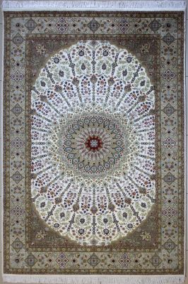 6'1"x9'4" Lovely Floral Pak Persian Rug in Harmonizing White, Beige & Grey, New 6x9 Wool, Silk Double Knot Artistry, Hand-Knotted Taj Mahal Rug, qk09007