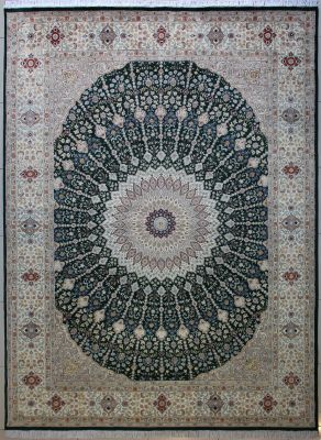 8'9"x12'10" Impressive Floral Pak Persian Rug in Glamorous Green, Beige & White, New 9x12 Wool, Silk Double Knot Masterpiece, Hand-Knotted Taj Mahal Rug, qk09019