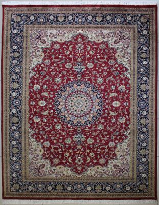 7'10"x10'2" Wonderful Medallion Pak Persian Rug in Serene Maroon, Beige & Blue, New 8x10 Wool Double Knot Execution, Hand-Knotted Kashan / Isfahan Rug, qk09016