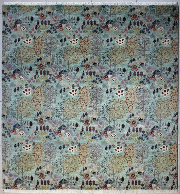 7'10"x8'3" Delightful Floral Chobi Ziegler Rug in Shining Organic Dyed Green, Beige & Gold, New 8x8 Wool Double Knot Masterwork, Square Hand-Knotted Contemporary Rug, qk09045