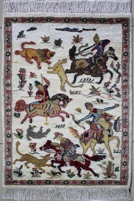 2'2"x3' Sublime Pictorial Pak Persian Rug in Idyllic White, Gold & Reddish Brown, New 2x3 Wool, Silk Wonder, Hand-Knotted Hunting Scene Rug, qk09010