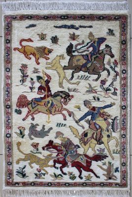 2'1"x3' Glamorous Pictorial Pak Persian Rug in Sublime White, Gold & Reddish Brown, New 2x3 Wool, Silk Magnificence, Hand-Knotted Hunting Scene Rug, qk09009