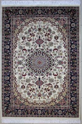 4'1"x6'3" Majestic Floral Pak Persian Rug in Vivid White, Beige & Blue, New 4x6 Wool Double Knot Handiwork, Hand-Knotted Kashan / Isfahan Rug, qk09011